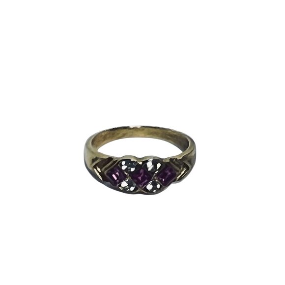 Vintage Gold Tone Band Ring With Pink And Clear Rhinestones (R389) - Picture 5 of 7